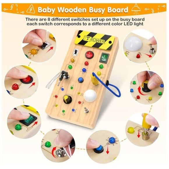 Montessori Wooden Busy Switch Circuit Board LED Light Switches Sensory Toys New - Picture 2 of 5